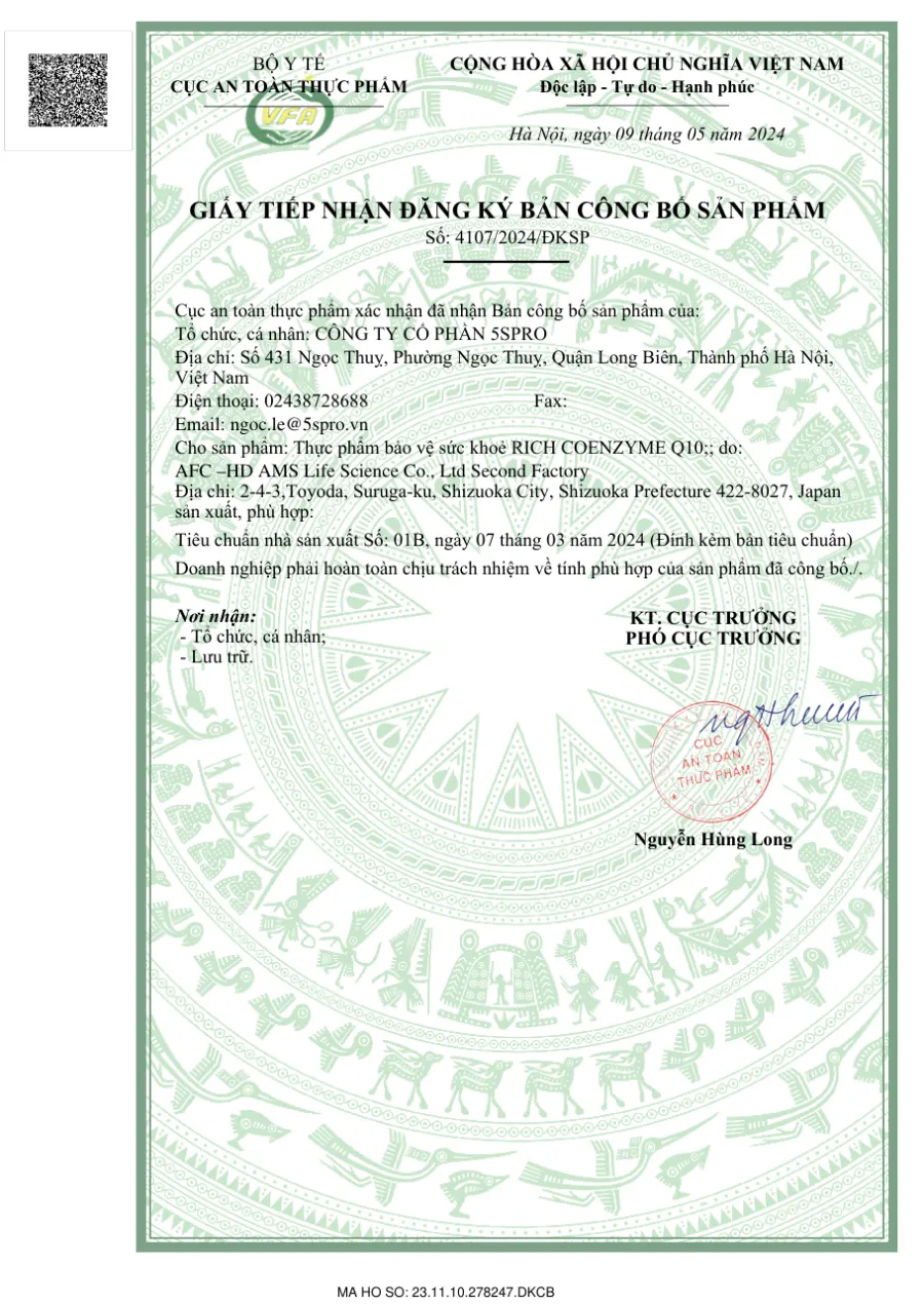 Giấy tiếp nhận đăng ký bản công bố sản phẩm số 4107/2024/ĐKSP do Cục An toàn thực phẩm cấp ngày 09/05/2024